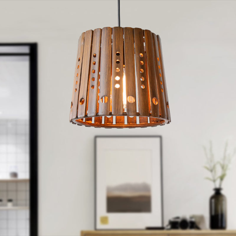 Contemporary Bamboo Pendant Lamp With Slatted Design - Brown