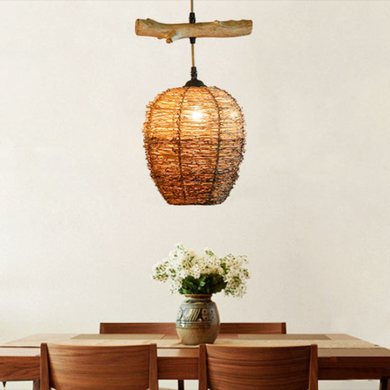 Modern Rattan Pendant Light: Brown Hanging Lamp For Dining Room