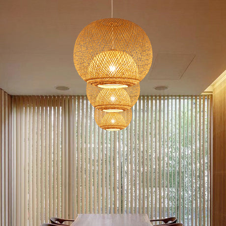 Bamboo Pendant Light With Globe Shade - Modern Beige Dining Room Lighting 14 18 21.5 W
