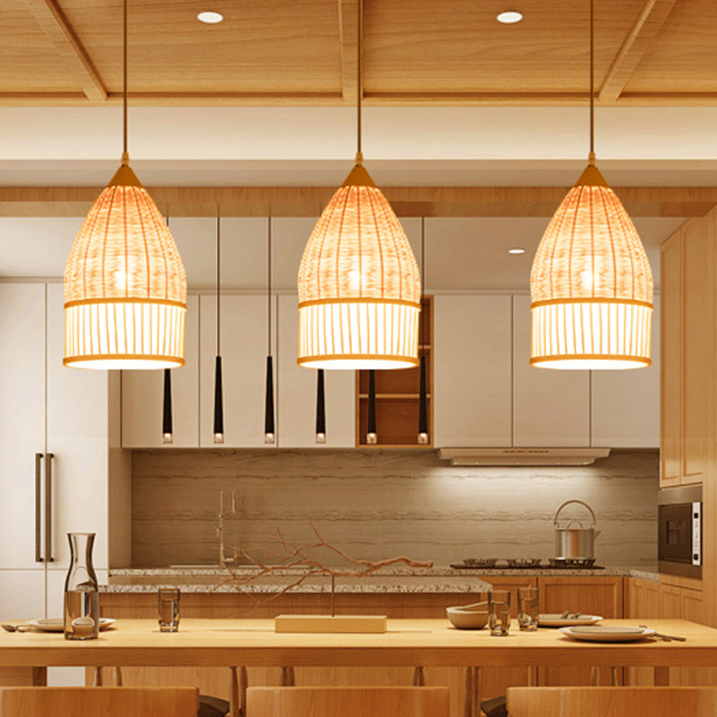 Asia Beige Bamboo Pendant Ceiling Light For Dining Room With Elongated Shade