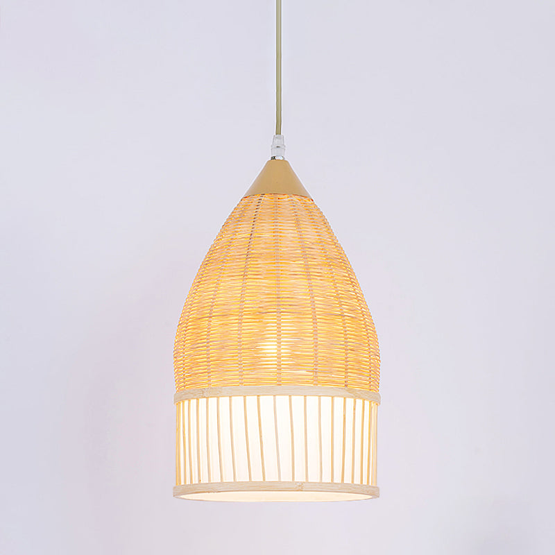Asia Beige Bamboo Pendant Ceiling Light For Dining Room With Elongated Shade