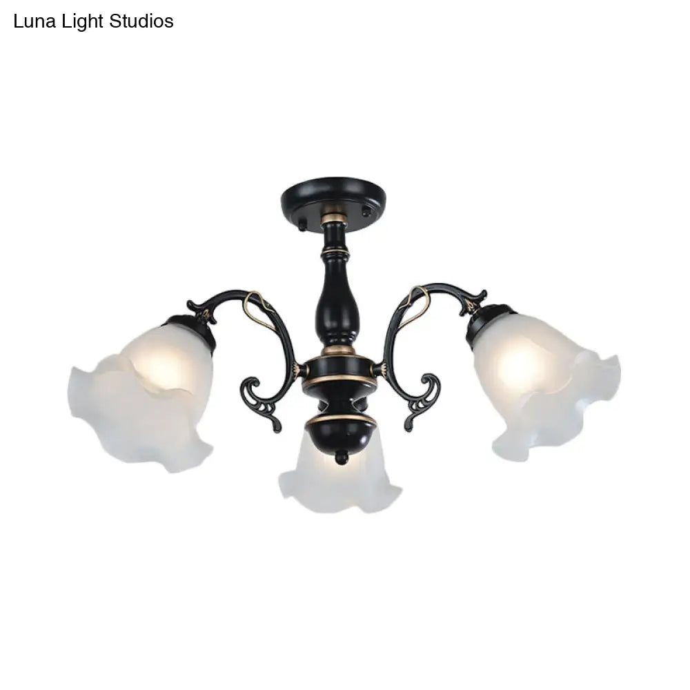 3/5-Light Floral Semi-Flush Ceiling Light - Countryside White/Black Finish With Cream Glass