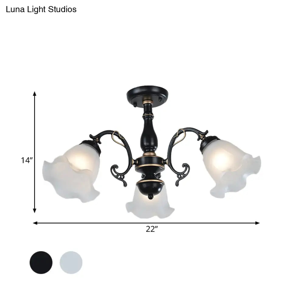3/5 - Light Floral Semi - Flush Ceiling Light - Countryside White/Black Finish With Cream Glass