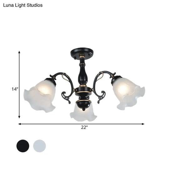 3/5 - Light Floral Semi - Flush Ceiling Light - Countryside White/Black Finish With Cream Glass