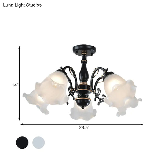 3/5 - Light Floral Semi - Flush Ceiling Light - Countryside White/Black Finish With Cream Glass