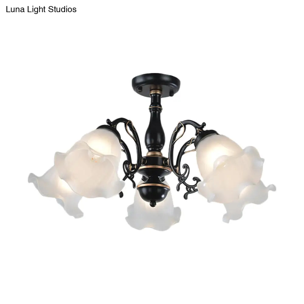 3/5 - Light Floral Semi - Flush Ceiling Light - Countryside White/Black Finish With Cream Glass
