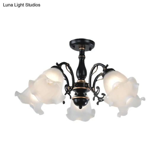 3/5 - Light Floral Semi - Flush Ceiling Light - Countryside White/Black Finish With Cream Glass