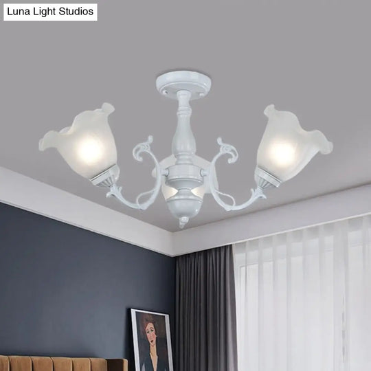 3/5-Light Floral Semi-Flush Ceiling Light - Countryside White/Black Finish With Cream Glass
