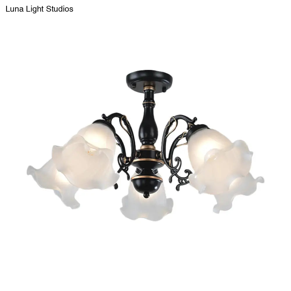 3/5-Light Floral Semi-Flush Ceiling Light - Countryside White/Black Finish With Cream Glass