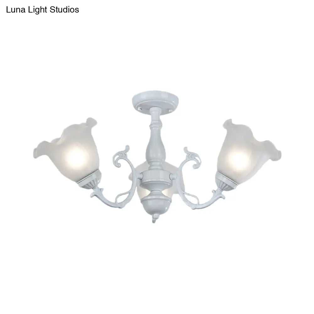 3/5 - Light Floral Semi - Flush Ceiling Light - Countryside White/Black Finish With Cream Glass