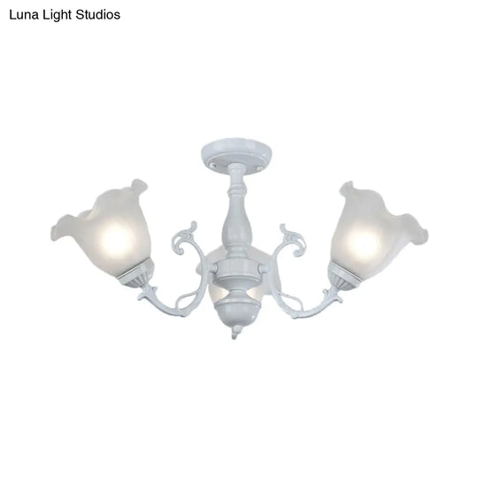 3/5 - Light Floral Semi - Flush Ceiling Light - Countryside White/Black Finish With Cream Glass