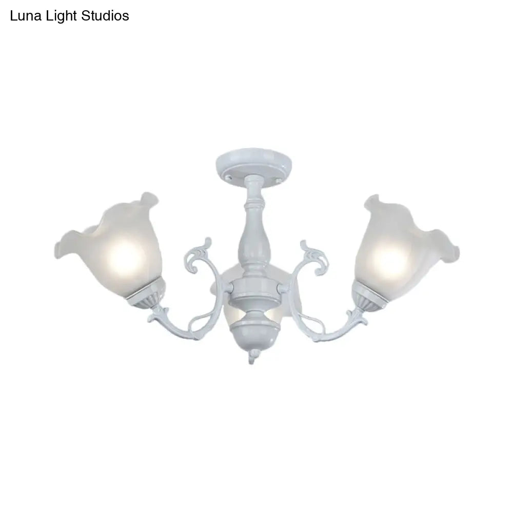 3/5-Light Floral Semi-Flush Ceiling Light - Countryside White/Black Finish With Cream Glass
