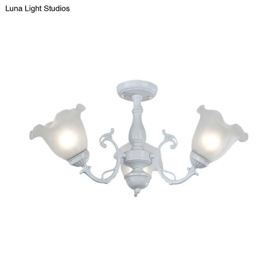 3/5-Light Floral Semi-Flush Ceiling Light - Countryside White/Black Finish With Cream Glass