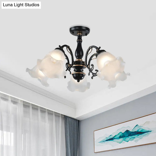 3/5 - Light Floral Semi - Flush Ceiling Light - Countryside White/Black Finish With Cream Glass