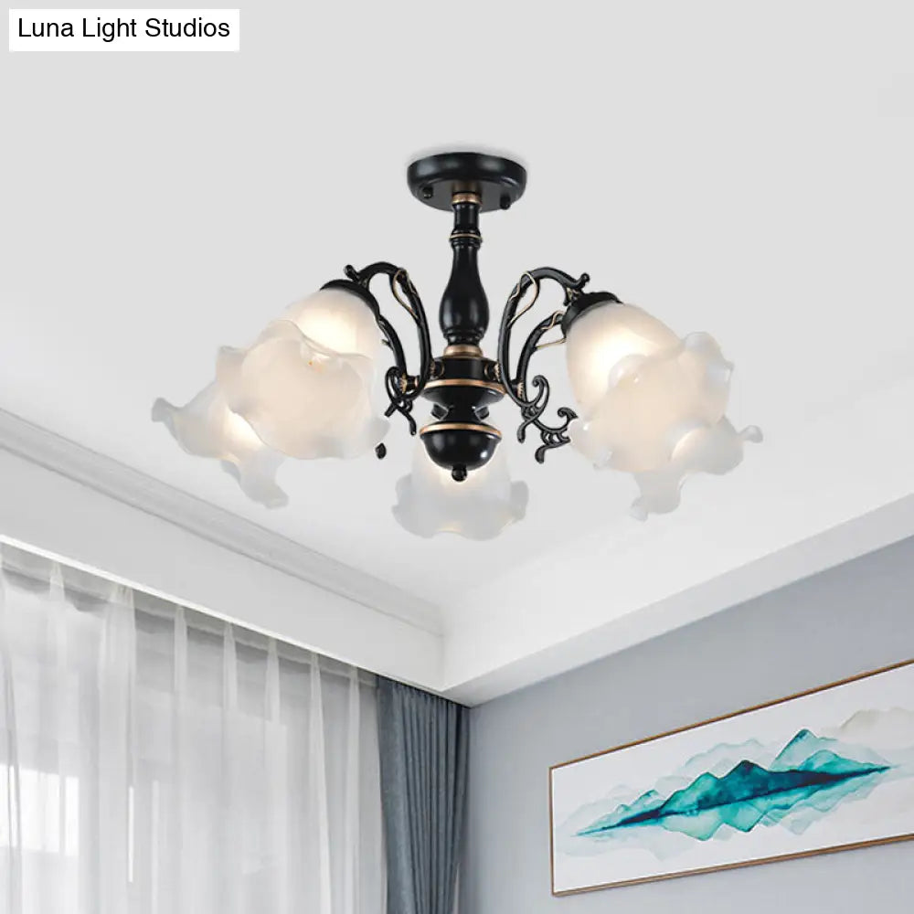 3/5-Light Floral Semi-Flush Ceiling Light - Countryside White/Black Finish With Cream Glass