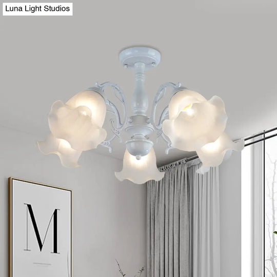 3/5 - Light Floral Semi - Flush Ceiling Light - Countryside White/Black Finish With Cream Glass
