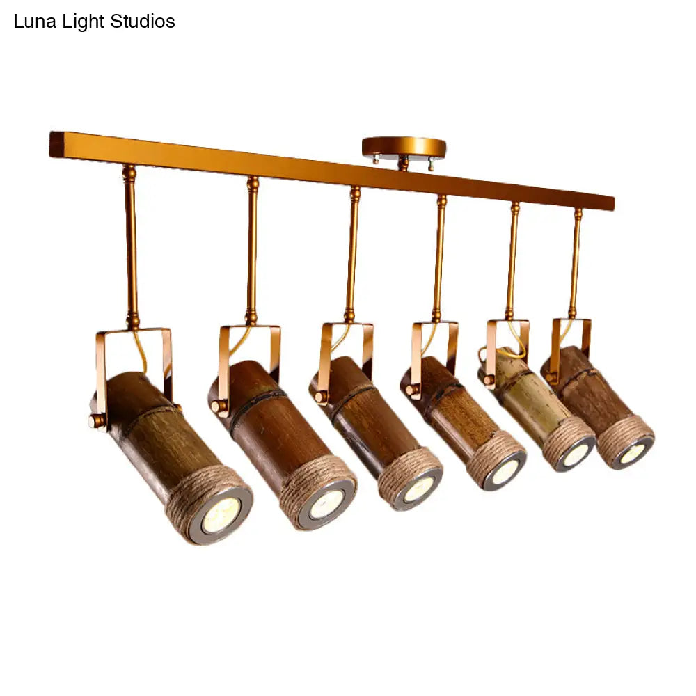 3/6 Bulbs Bamboo Tube Island Pendant - Brown Iron Suspension Lighting With Hemp Rope