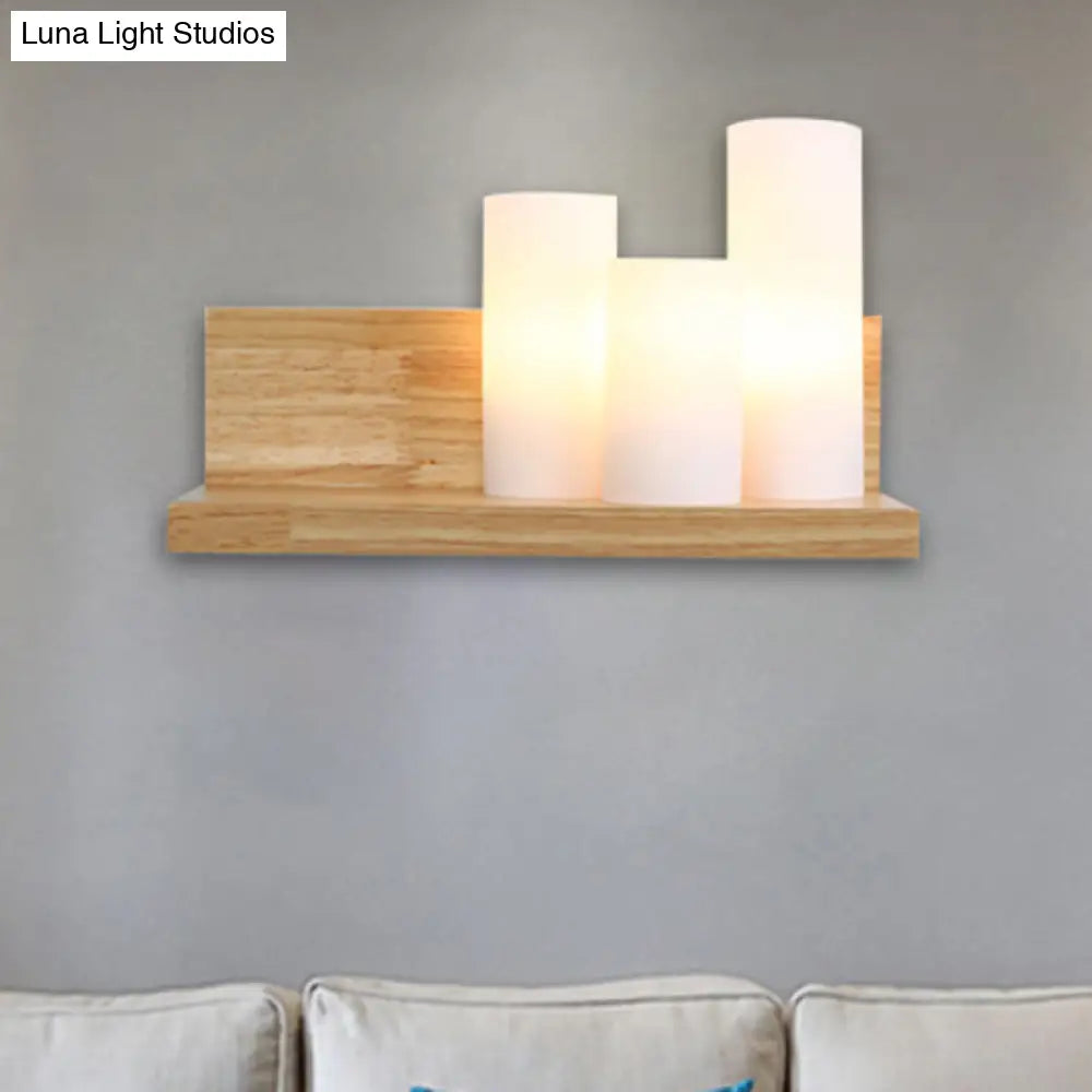 3-Head Contemporary Tube Shade Wall Lamp With Wooden Shelf Perfect For Cloth Shop
