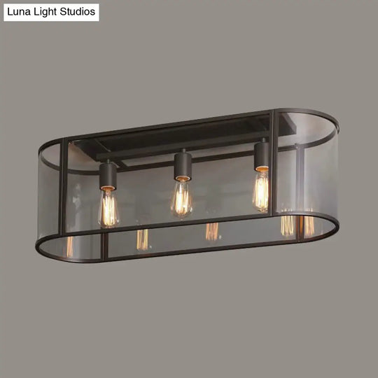 3-Head Flush Mount Light: Metal Warehouse Corridor Lighting With Oval Clear Glass Shade In