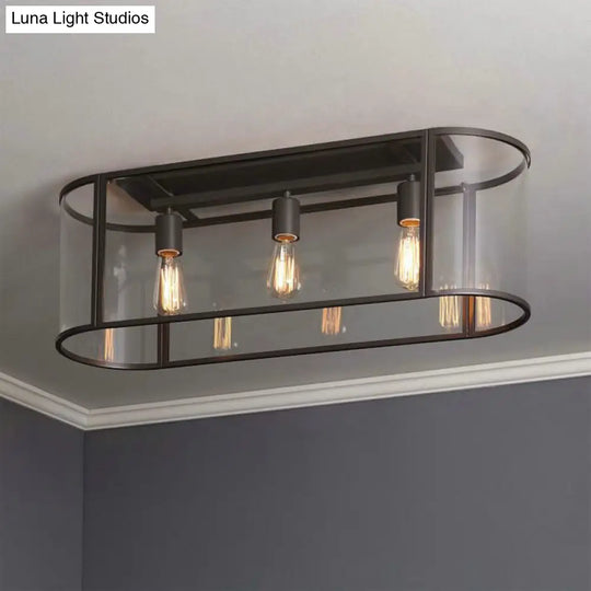 3 - Head Flush Mount Light: Metal Warehouse Corridor Lighting With Oval Clear Glass Shade In