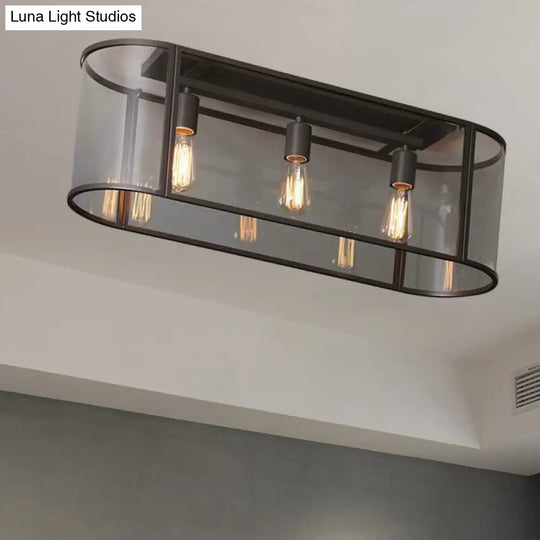 3-Head Flush Mount Light: Metal Warehouse Corridor Lighting With Oval Clear Glass Shade In