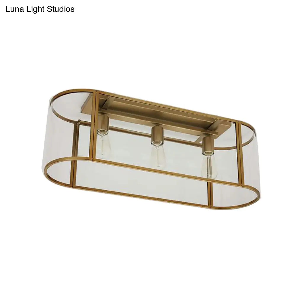 3 - Head Flush Mount Light: Metal Warehouse Corridor Lighting With Oval Clear Glass Shade In