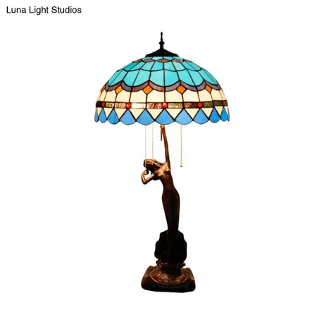 3-Head Mediterranean Spikelet & Blue/White Glass Nightstand Lamp With Pull Chain