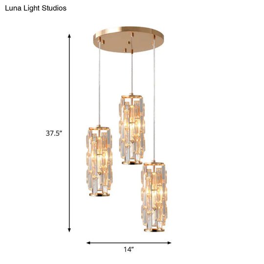 3-Head Multi Light Pendant With Crystal Shade - Modern Gold Bedroom Hanging Lamp