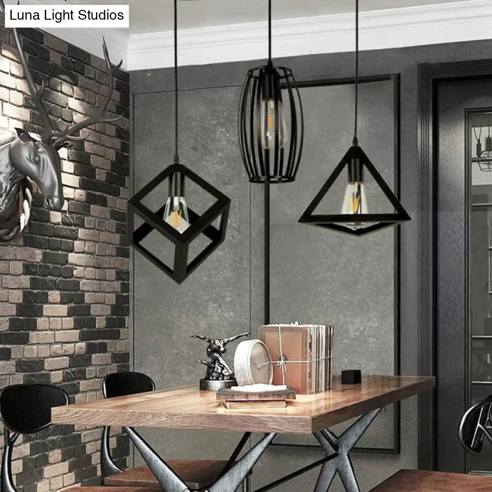 3-Light Pendant Lighting With Retro Metal Cage Shades - Stylish Kitchen Hanging Lamp In Black