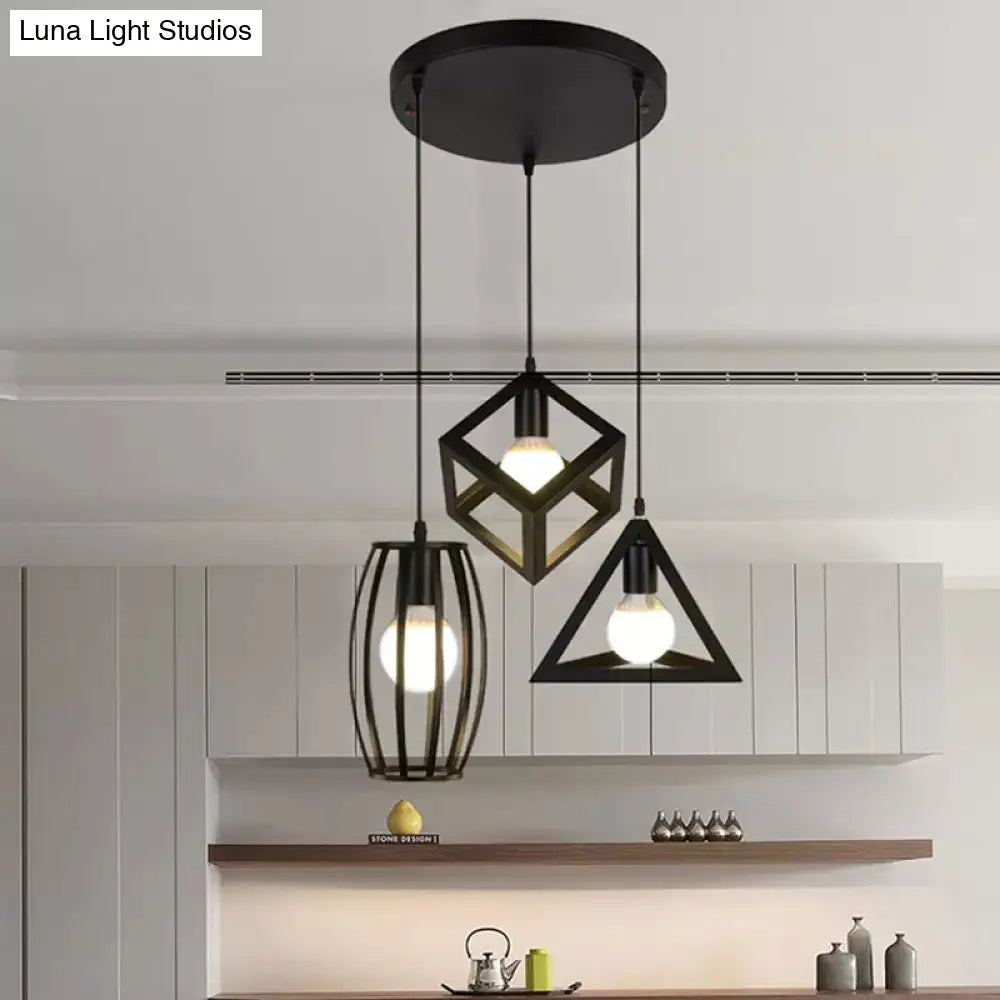 3-Head Pendant Lighting In Black Metal With Retro Stylish Cage Shades For Kitchen Round/Linear