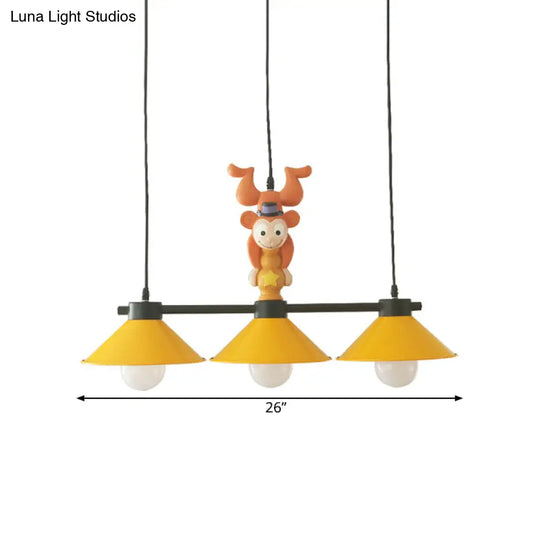 3-Head Yellow Cone Pendant Lamp With Monkey Décor For Island Lighting