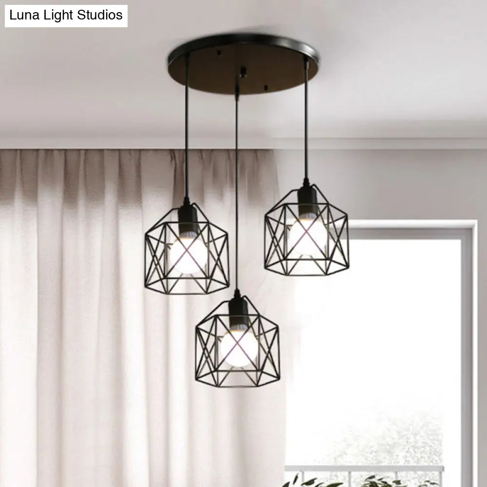 3-Light Birdcage Multi Pendant Industrial Metal Ceiling Lights For Restaurants Black / Round