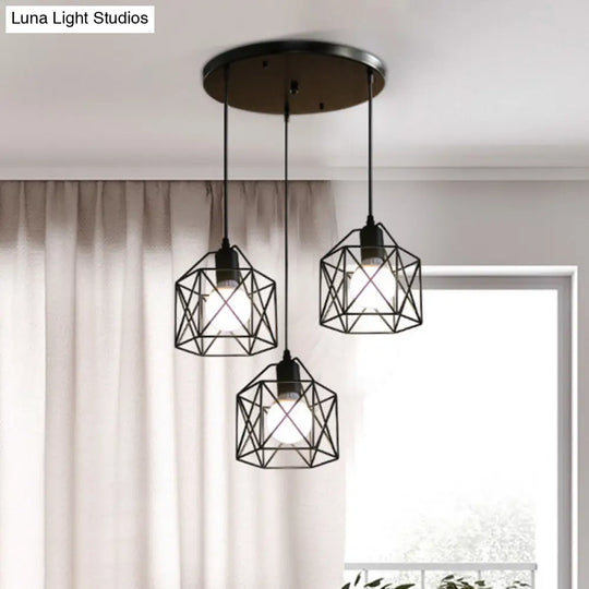 3-Light Birdcage Multi Pendant Industrial Metal Ceiling Lights For Restaurants Black / Round