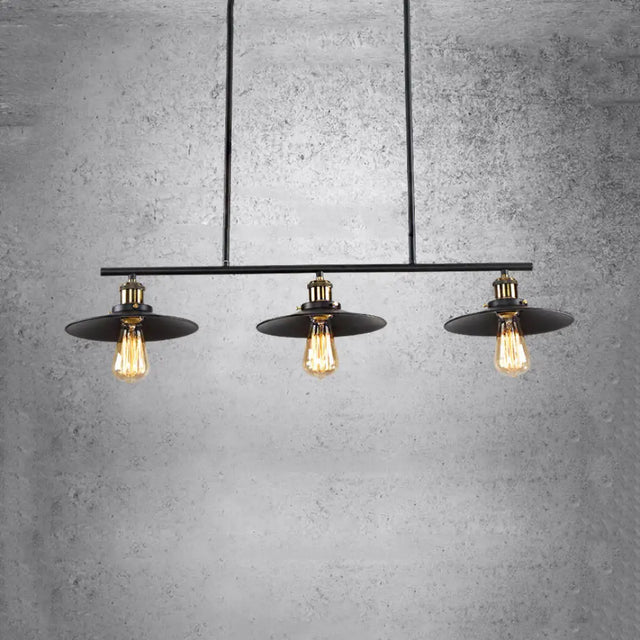 3-Light Island Pendant With Vintage Black Metal Shade - Industrial Indoor Lighting