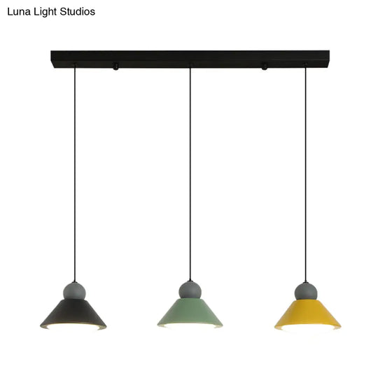 3-Light Multi Ceiling Led Pendant Lamp In Macaron Black-Green-Yellow For Dining Rooms With Metal