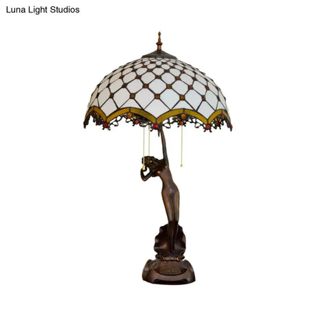 3-Light Tiffany Table Lamp With Resin Coffee Pull-Chain And Lady Statue Parrot Blue-Brown & Trellis