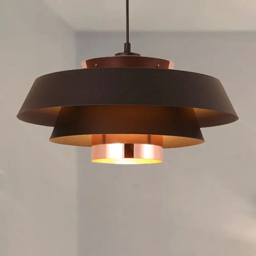 3-Tier Retro Drum Style Ceiling Fixture In Black For Restaurant Pendant Lighting
