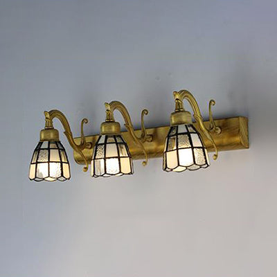 Vintage Stained Glass Dome Wall Sconce With Square/Blue Square Pattern 3 Lights Copper/Antique