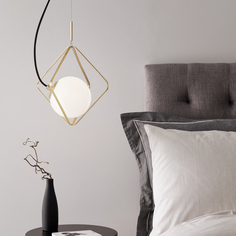 Modern Gold Pendant Light With Milky Glass Globe 10’/13’ Wide - Ceiling Mounted