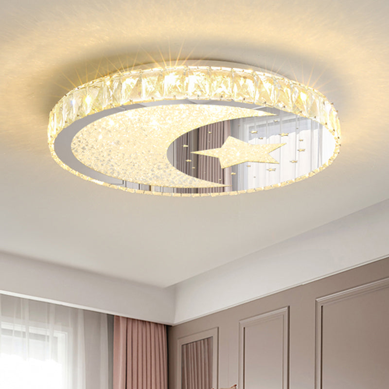 Led Nickle Flush Mount Ceiling Light With Crystal Block Shade In Warm/White Glow - Minimalist