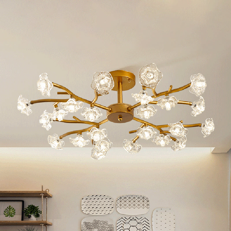 Gold Led Semi - Flush Ceiling Light With Crystal Flower Design And 18/24 Bulbs 24 /