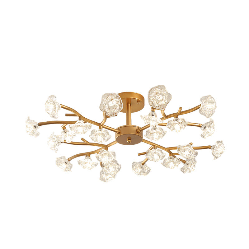 Gold Led Semi - Flush Ceiling Light With Crystal Flower Design And 18/24 Bulbs
