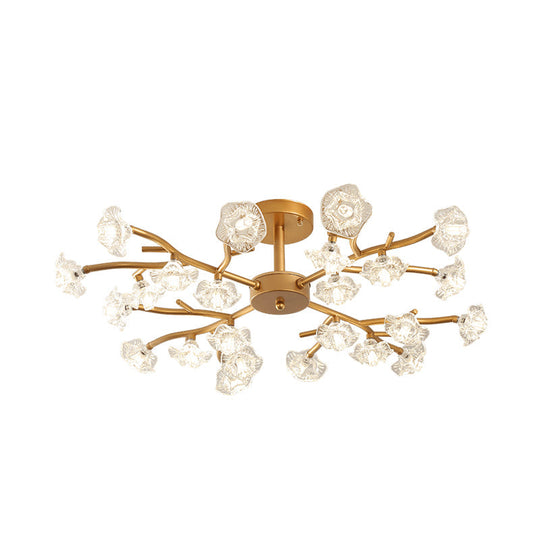 Gold Led Semi - Flush Ceiling Light With Crystal Flower Design And 18/24 Bulbs