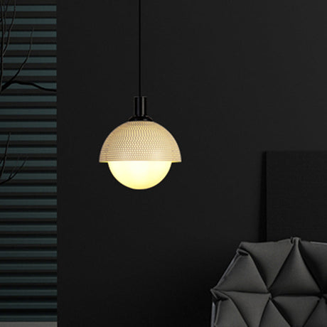 Modern Metal Bowl Ceiling Lamp With Green Accent - 1 Head Pendant Light For Bedroom In Beige/Gray