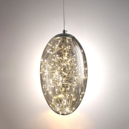 Contemporary Oval Led Pendant Light In Smoke Gray/Amber Glass For Living Rooms