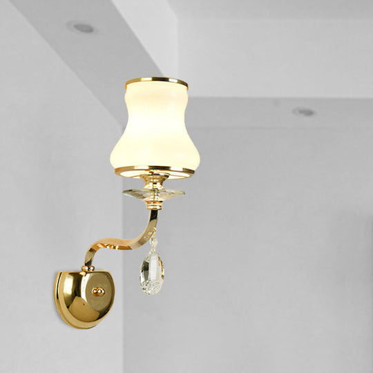 Vintage White Glass Bell Wall Lamp With Crystal Accent And Led Lighting For Living Room (1/2 Heads)