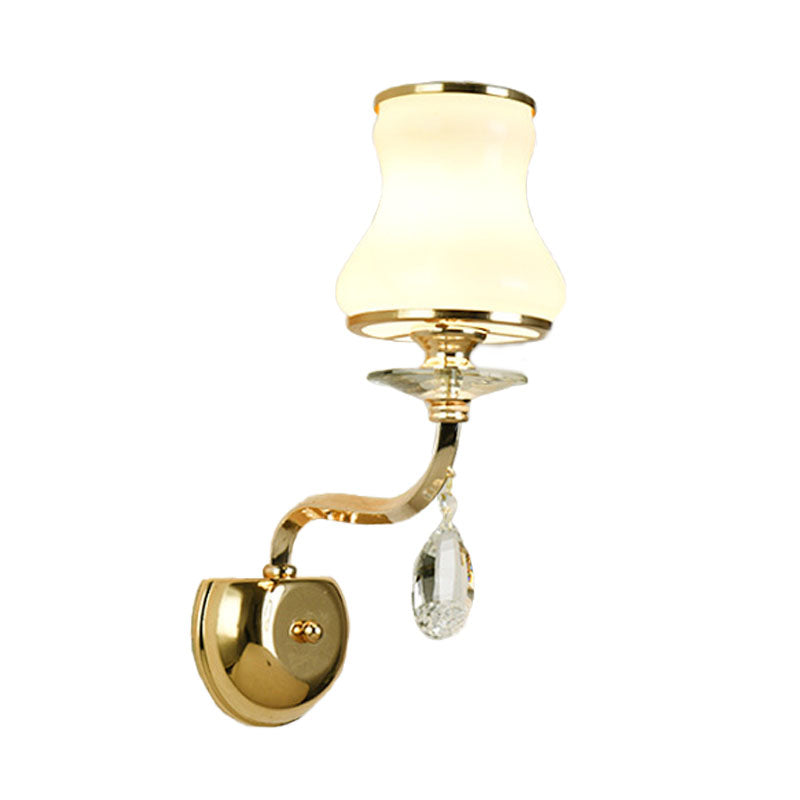 Vintage White Glass Bell Wall Lamp With Crystal Accent And Led Lighting For Living Room (1/2 Heads)