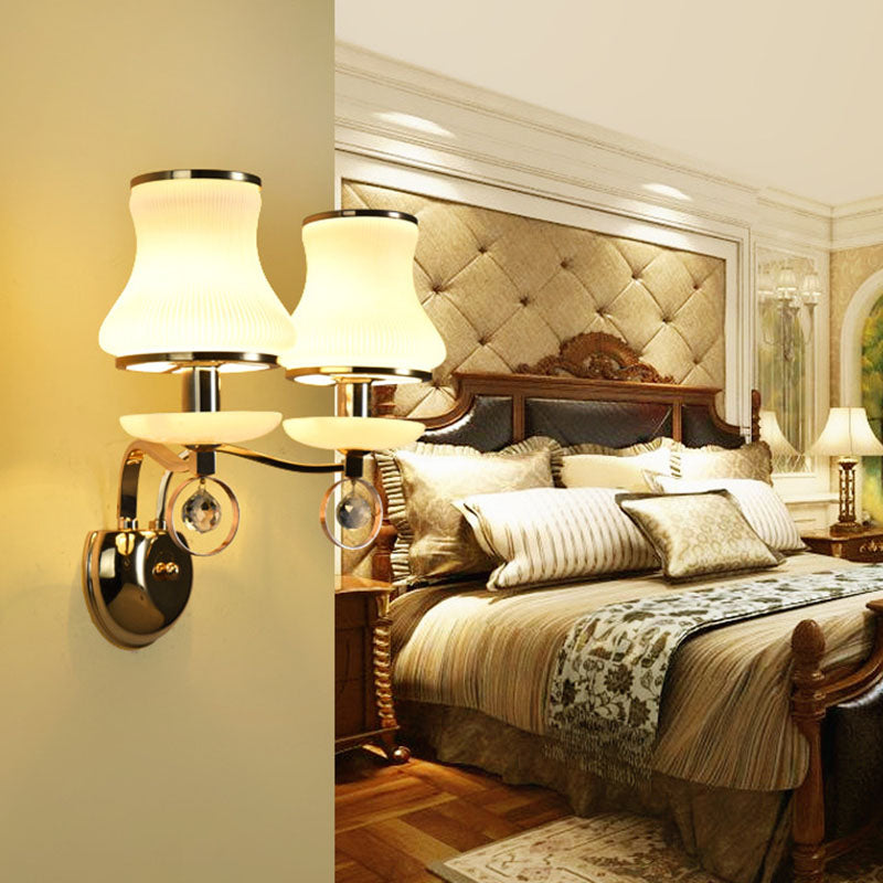 Vintage White Glass Bell Wall Lamp With Crystal Accent And Led Lighting For Living Room (1/2 Heads)