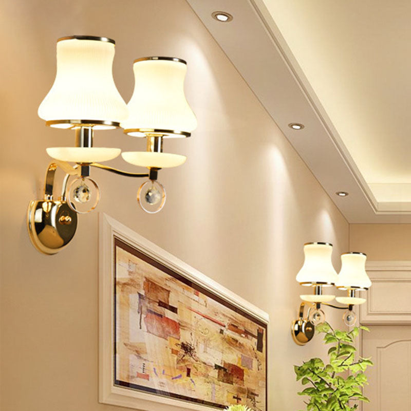 Vintage White Glass Bell Wall Lamp With Crystal Accent And Led Lighting For Living Room (1/2 Heads)