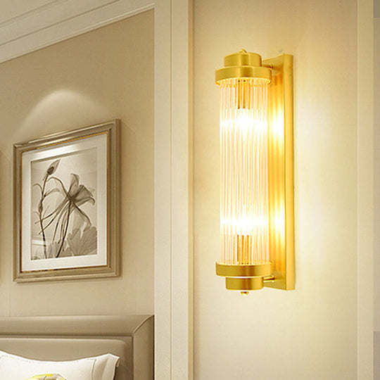 Vintage Gold Cylinder Wall Sconce With Clear Glass And Dual Led Lights For Bedroom / A